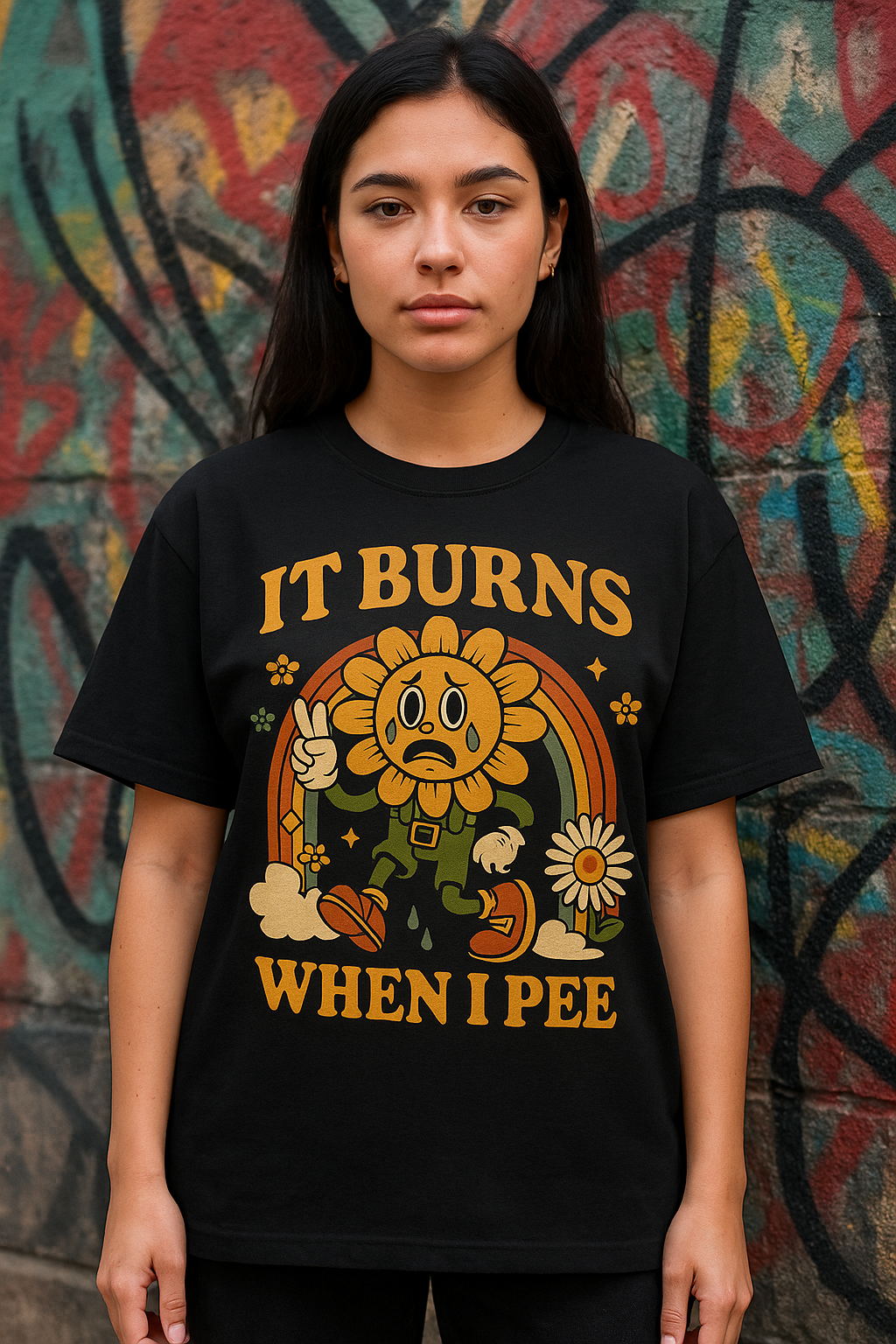 Graphic Tee — 'It Burns When I Pee' Retro Sunflower Funny Medical Joke T-Shirt